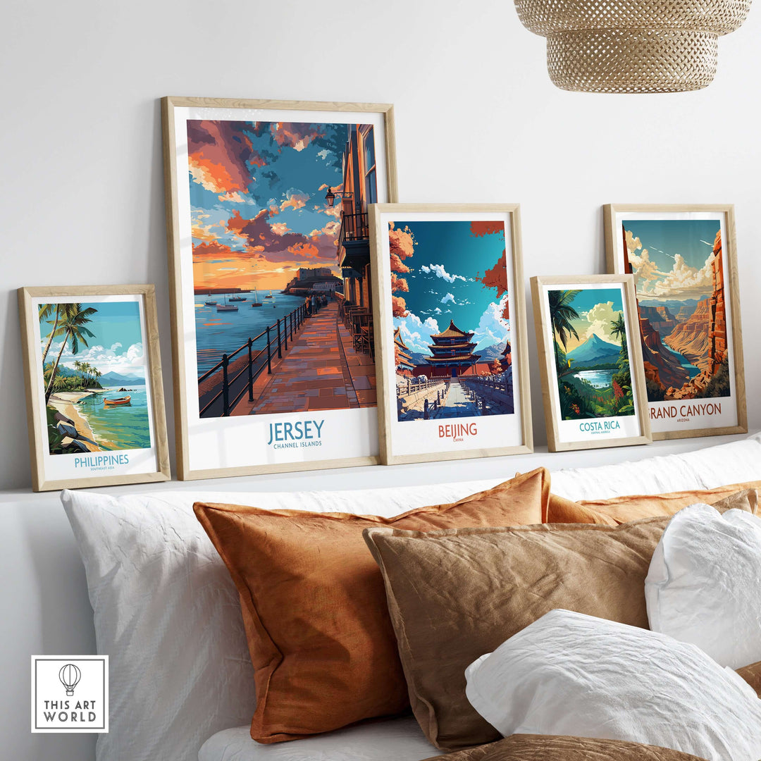 Jersey Channel Islands Sunset Art Print displayed among various travel-themed art prints in a cozy decor setting.
