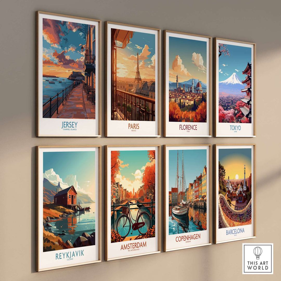Jersey Channel Islands Sunset Art Print showcasing a collection of vibrant city landscapes in framed posters.