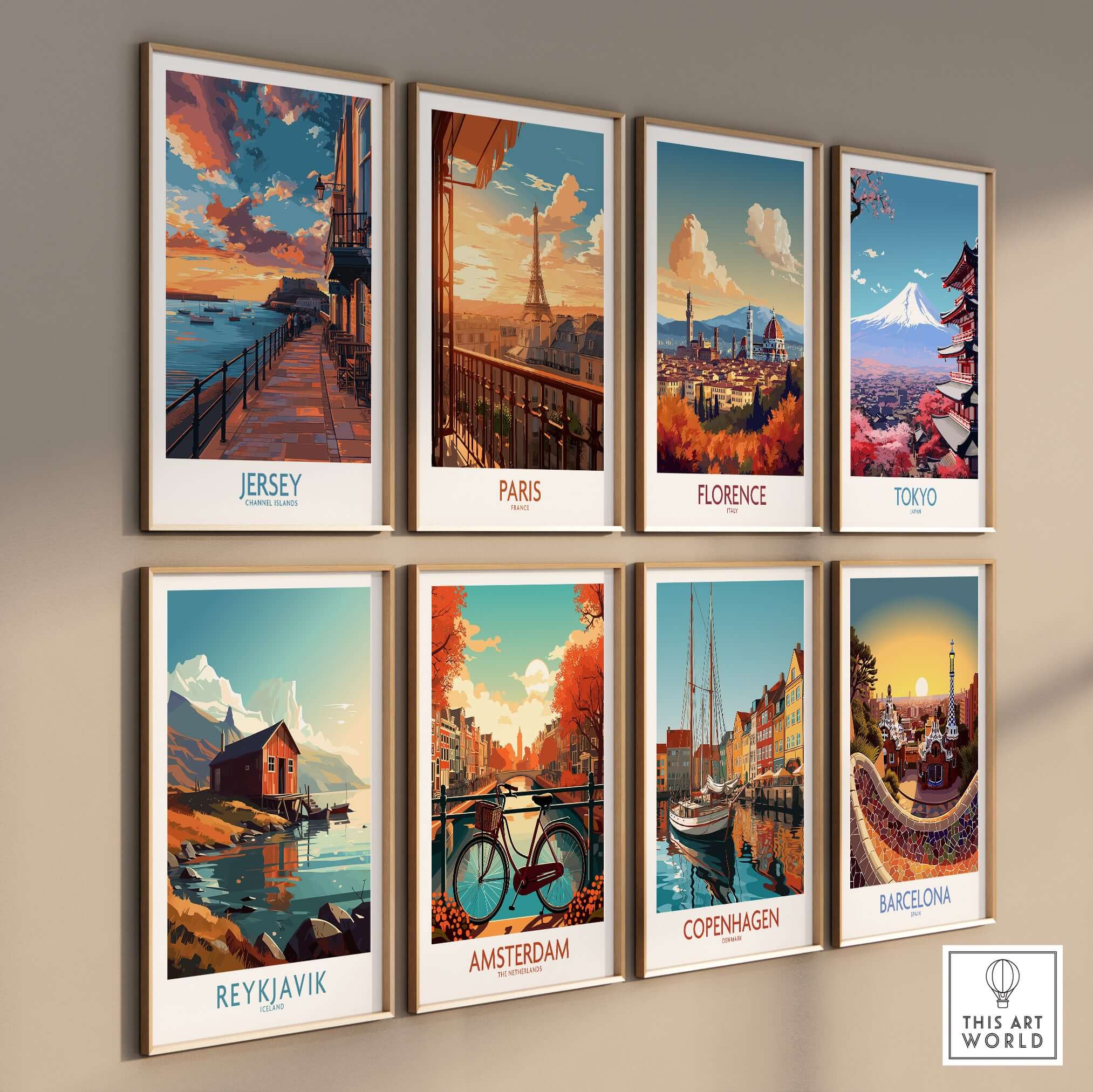 Jersey Channel Islands Sunset Art Print collection of stunning city landscape posters on display.