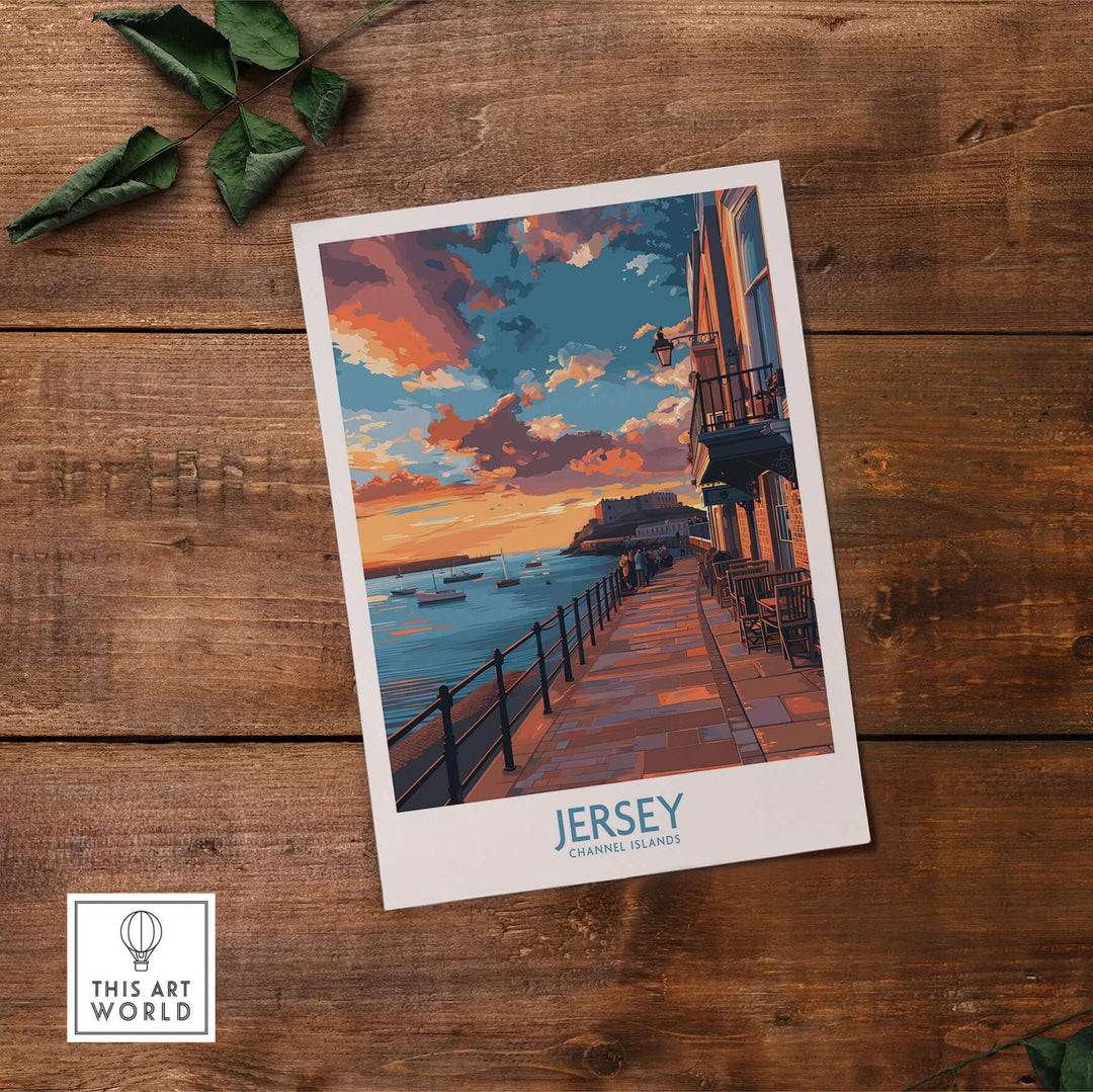 Jersey Channel Islands Sunset Art Print featuring a vibrant sunset over tranquil waters and coastal architecture.