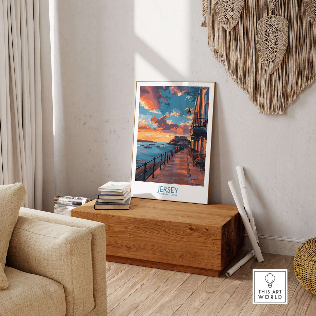 Jersey Channel Islands Sunset Art Print displayed on a wooden table in a cozy living room setting.