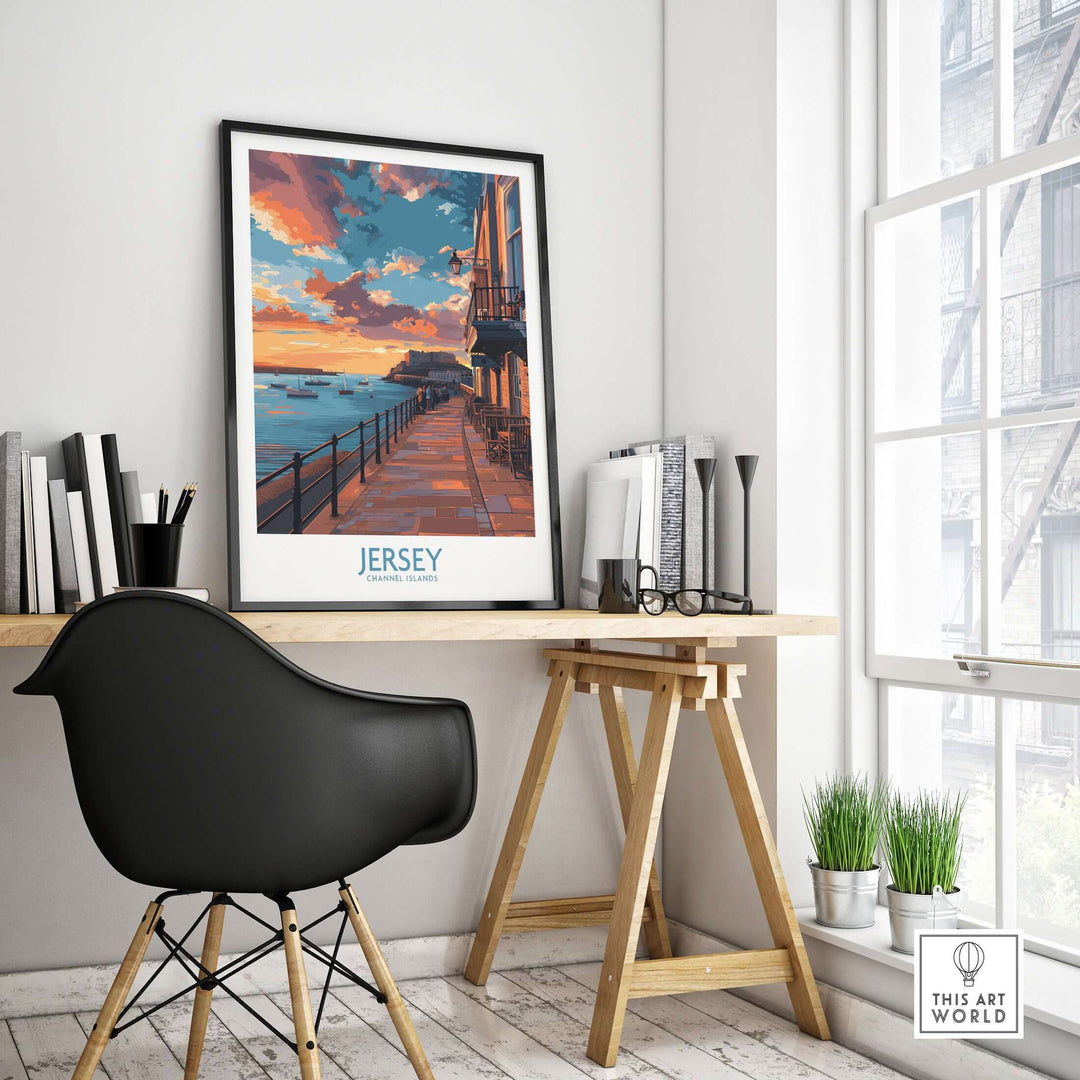 Jersey Channel Islands Sunset Art Print displayed in a stylish home office setting with modern decor.