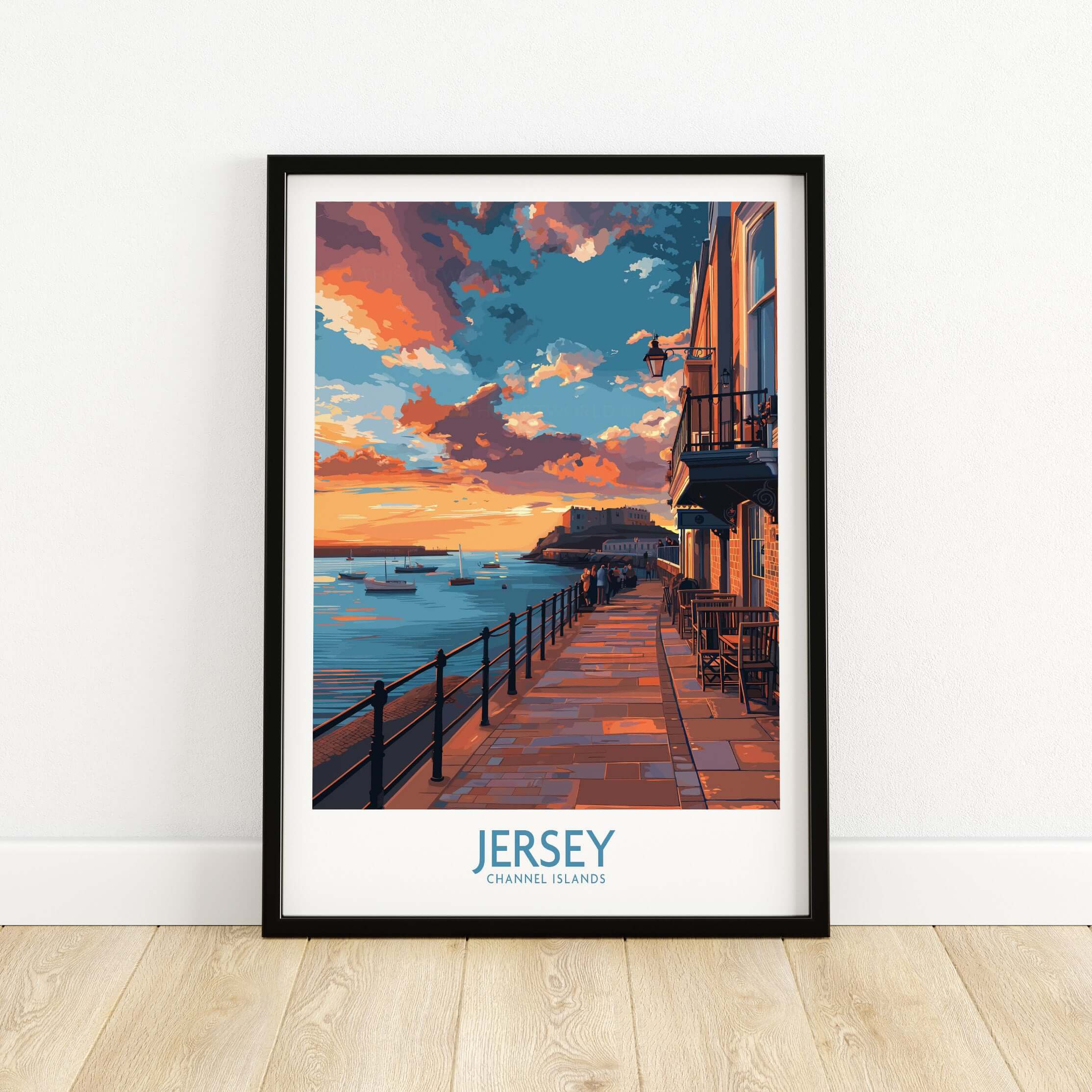 Jersey Channel Islands Sunset Art Print featuring a vibrant sunset over waterfront with boats.