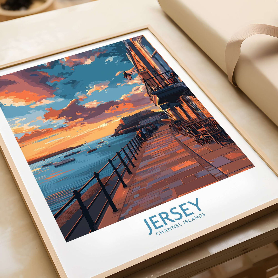 Jersey Channel Islands Sunset Art Print featuring a vibrant sunset over tranquil waters, framed and beautifully displayed.
