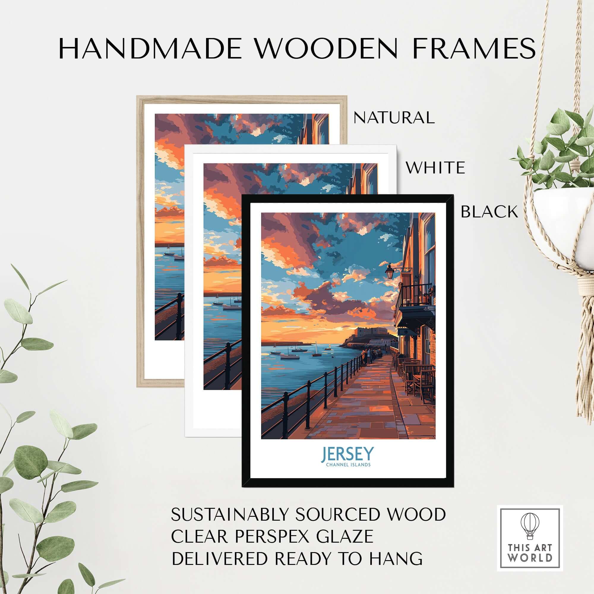 Handmade wooden frames for Jersey Channel Islands Sunset Art Print in natural, white, and black finishes.