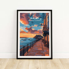 Jersey Poster - Elizabeth Castle Twilight Print showcasing the coastal beauty of Jersey at sunset with boats.