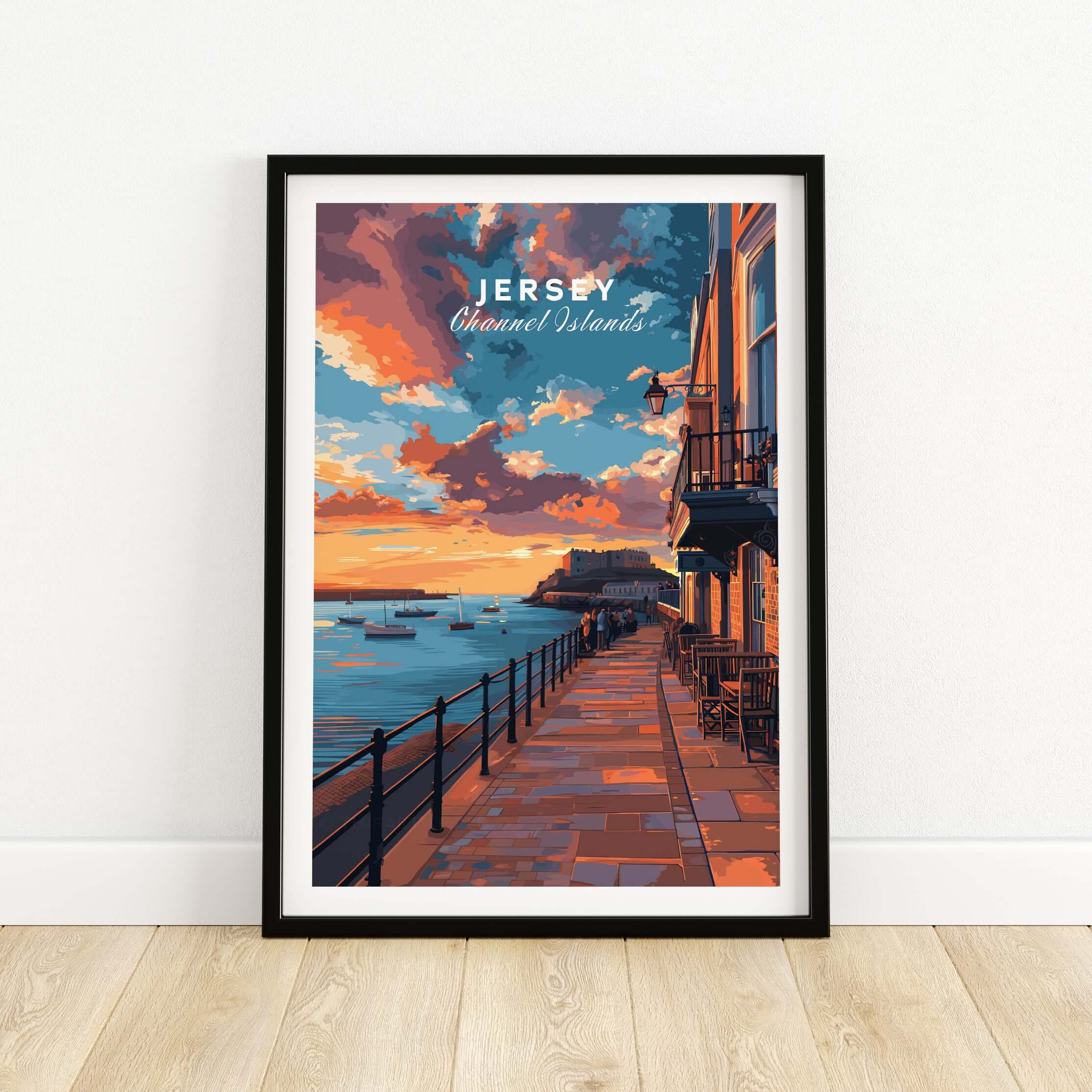 Jersey Poster - Elizabeth Castle Twilight Print showcasing the coastal beauty of Jersey at sunset with boats.