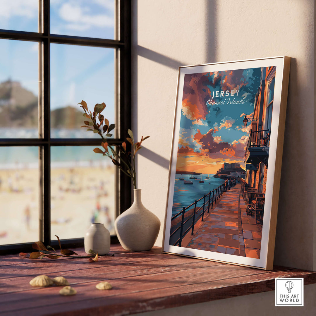 Jersey Poster - Elizabeth Castle Twilight Print displayed in a cozy interior with a beach view.