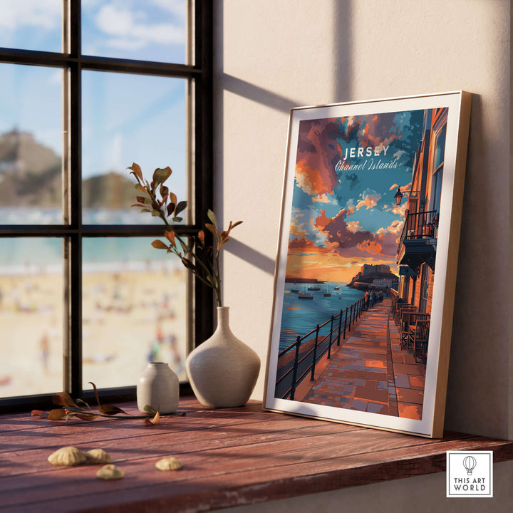 Jersey Poster - Elizabeth Castle Twilight Print displayed in a cozy interior with a beach view.