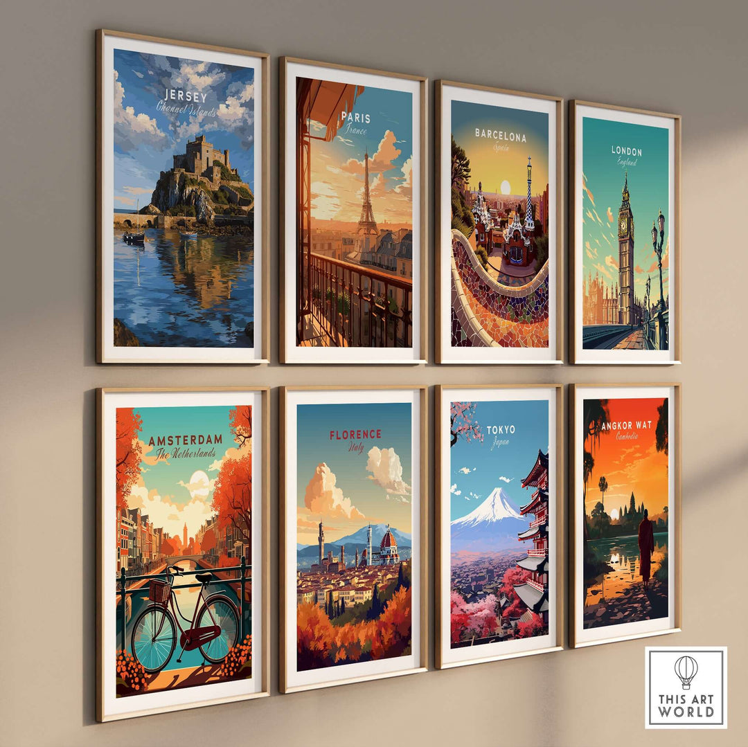 Jersey Gorey Castle Print | Channel Islands Travel Wall Decor displayed among other travel wall art.