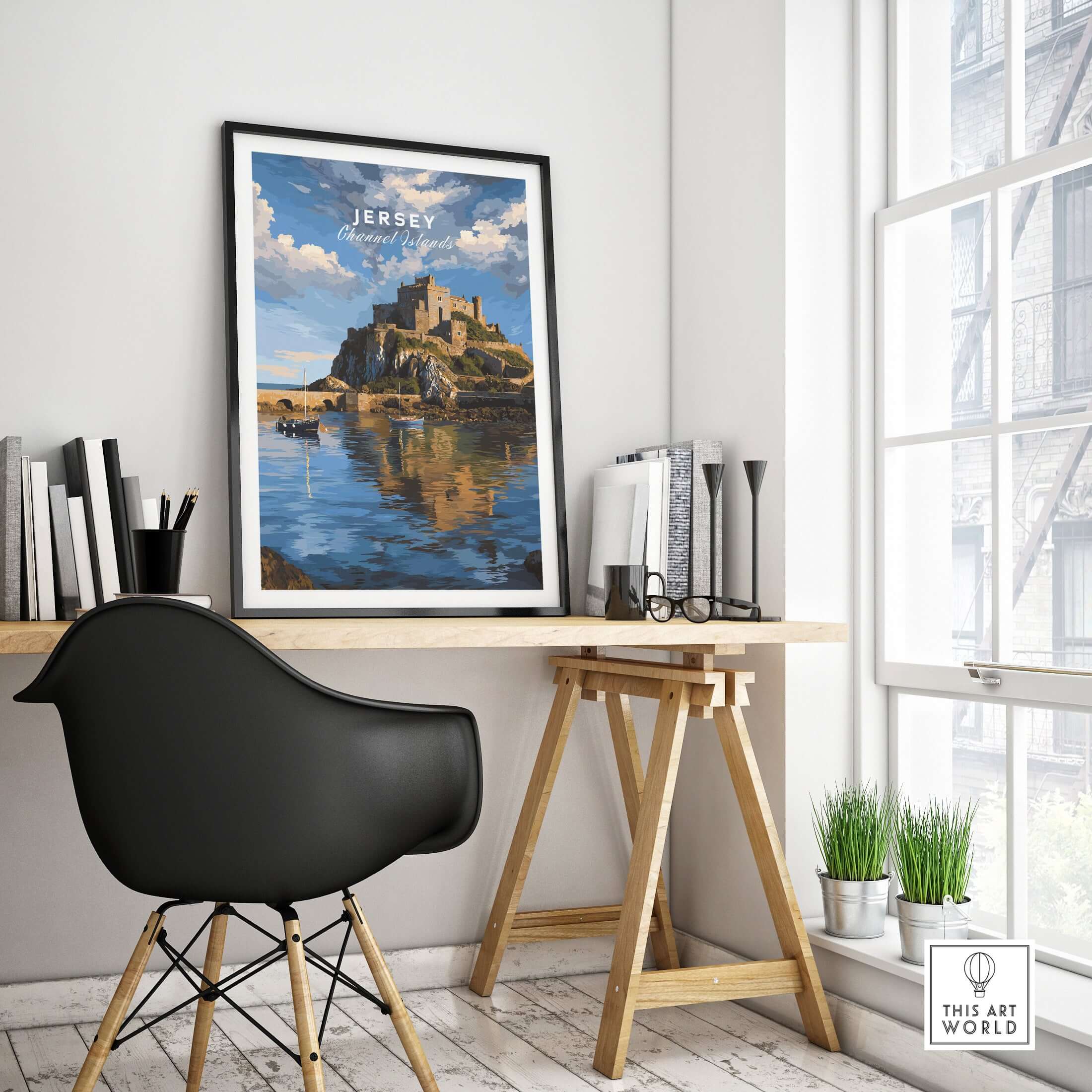 Jersey Gorey Castle Print | Channel Islands Travel Wall Decor displayed in a modern room setting with a stylish desk.