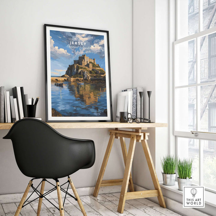 Jersey Gorey Castle Print | Channel Islands Travel Wall Decor displayed in a stylish interior with a black chair.