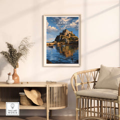 Jersey Gorey Castle Print | Channel Islands Travel Wall Decor displayed in a modern home setting with coastal colors.