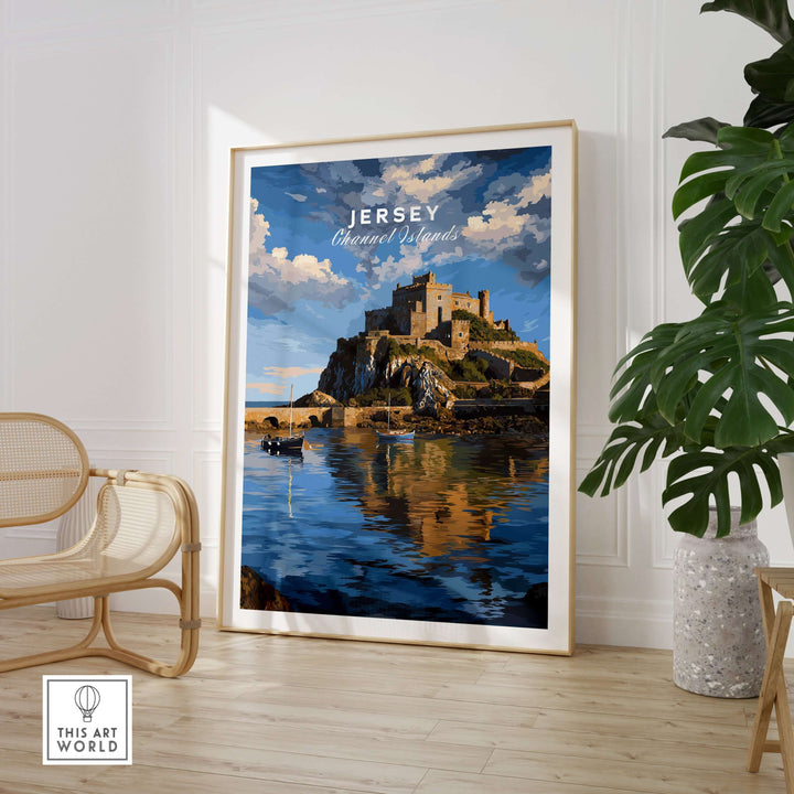 Jersey Gorey Castle Print | Channel Islands Travel Wall Decor displayed in a stylish interior with coastal views.