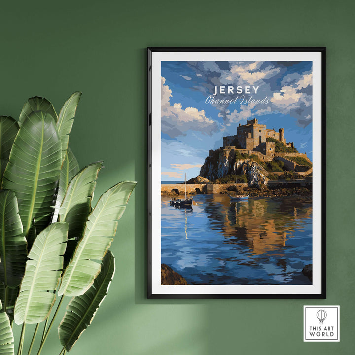Jersey Gorey Castle Print | Channel Islands Travel Wall Decor showcasing historic castle and coastal scenery.