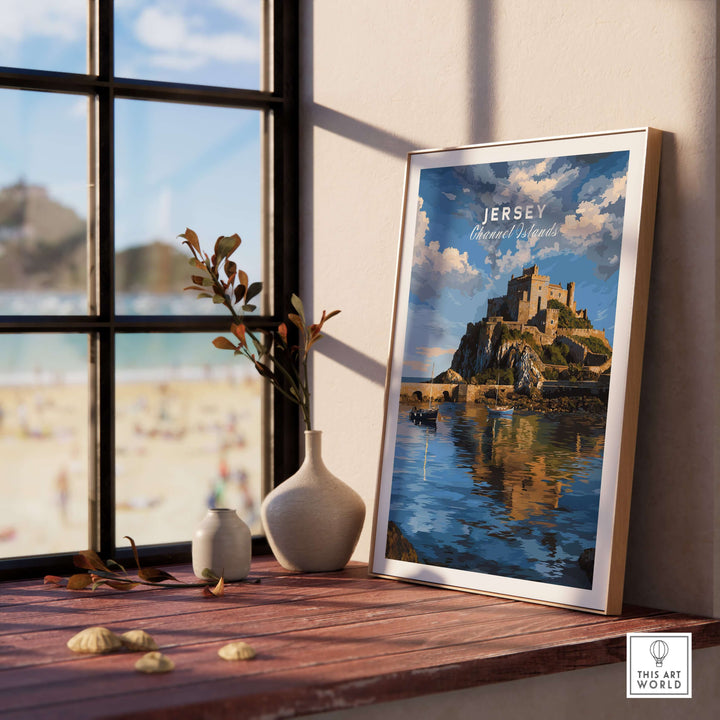 Jersey Gorey Castle Print | Channel Islands Travel Wall Decor displayed indoors with scenic coastal backdrop.