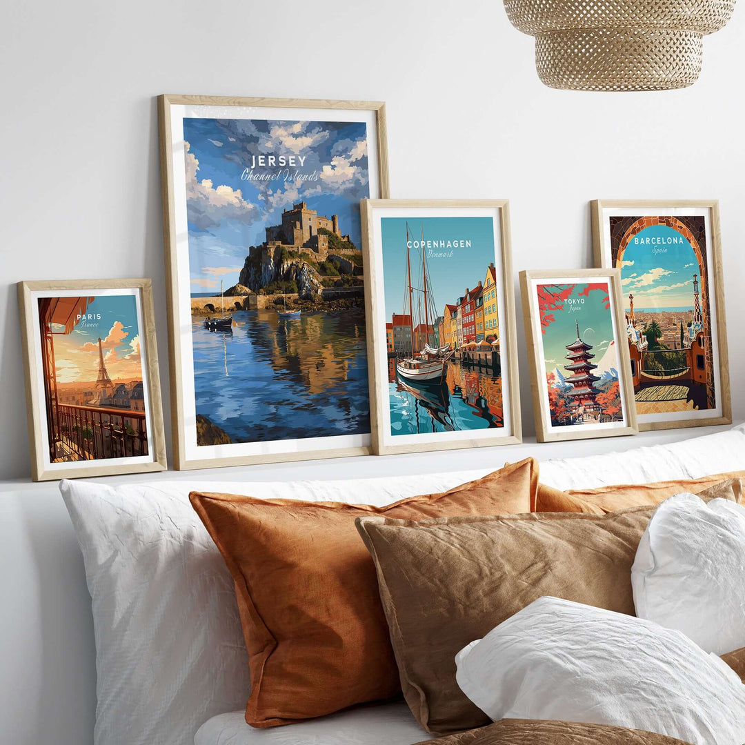 Jersey Gorey Castle Print | Channel Islands Travel Wall Decor displayed among various city prints