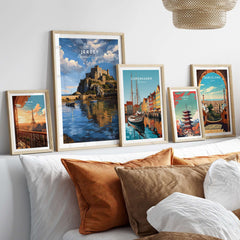 Jersey Gorey Castle Print | Channel Islands Travel Wall Decor displayed among travel art prints on stylish wall decor.