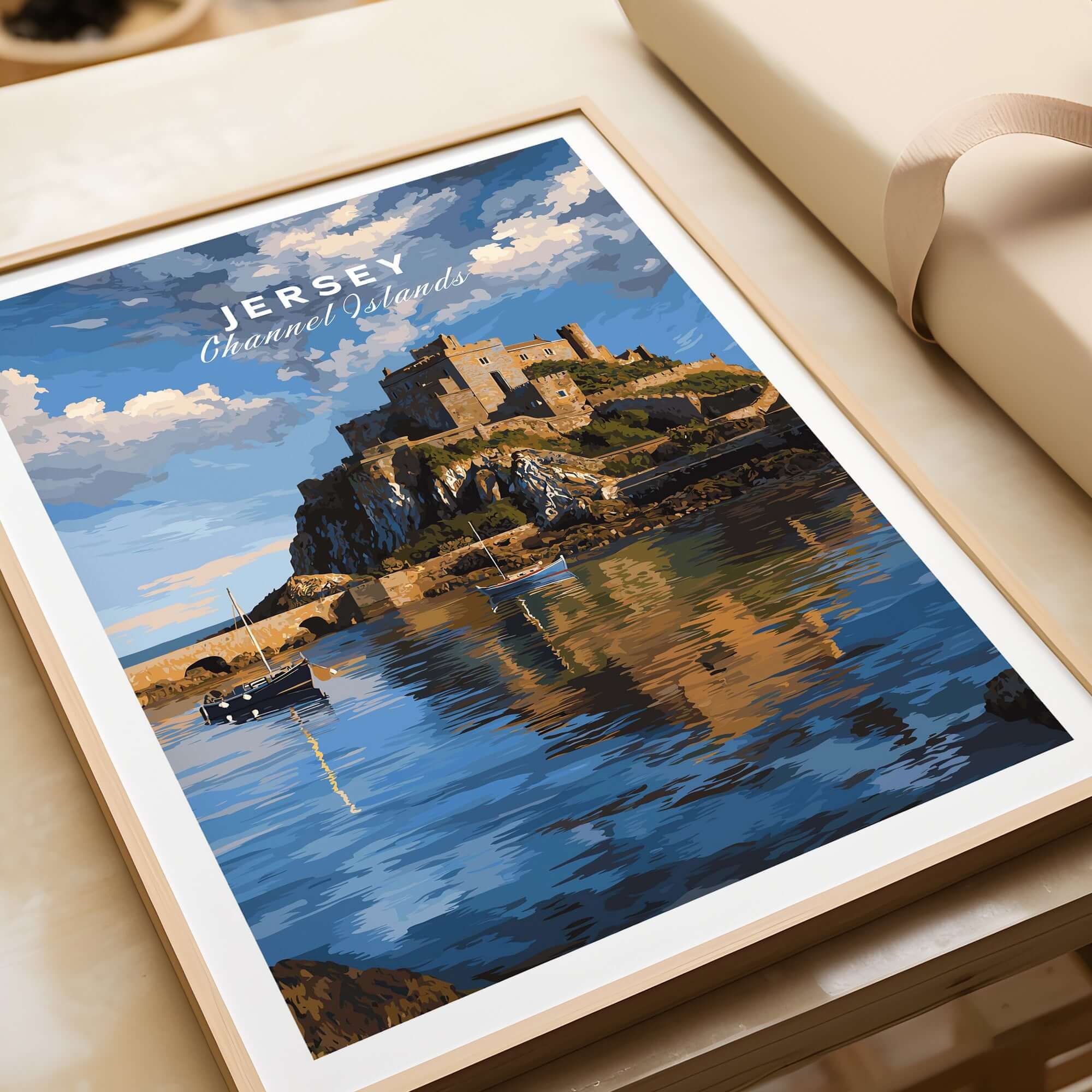 Jersey Gorey Castle Print | Channel Islands Travel Wall Decor, showcasing iconic castle on coastal backdrop.