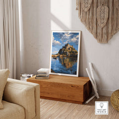 Jersey Gorey Castle Print | Channel Islands Travel Wall Decor displayed in a stylish living room setup.
