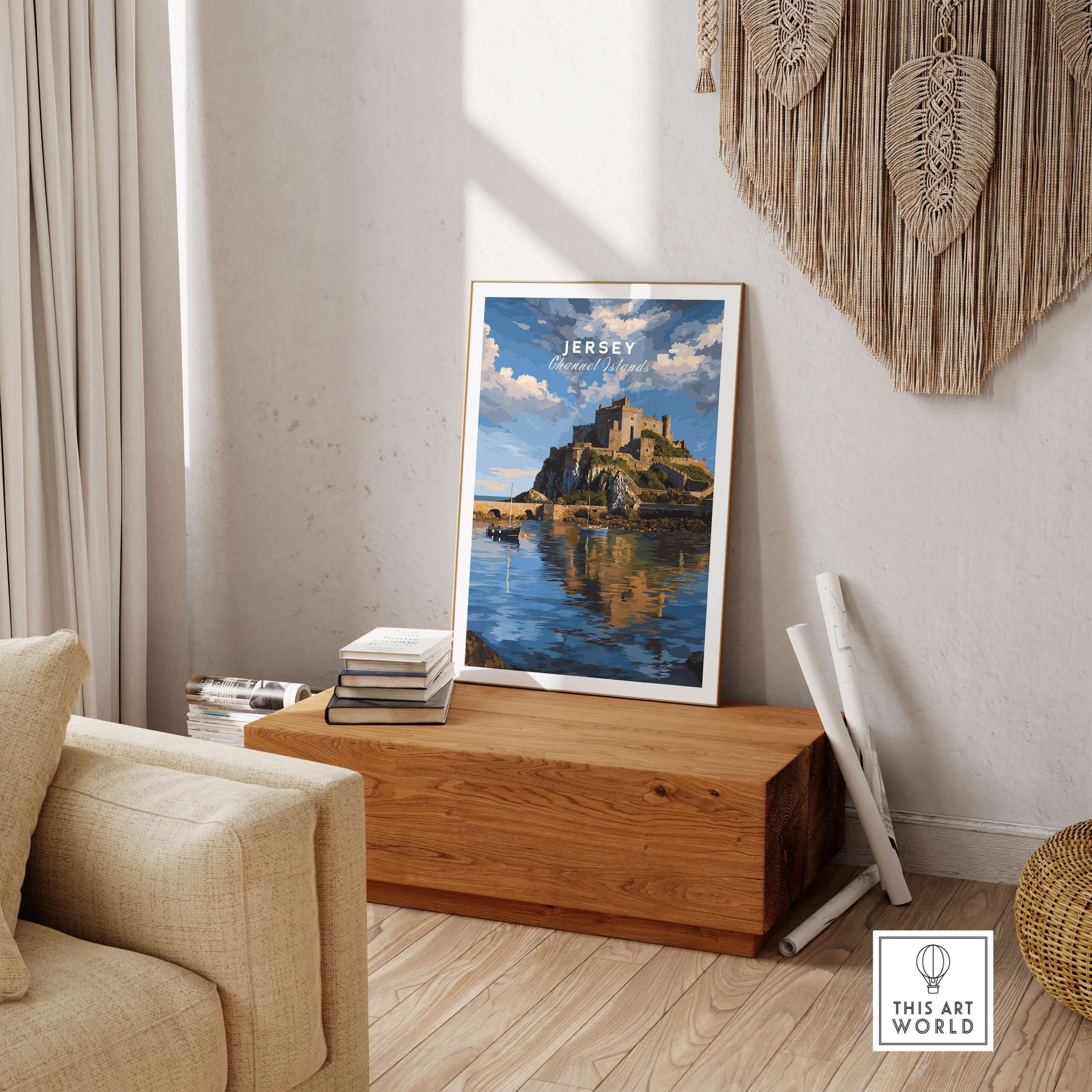 Jersey Gorey Castle Print | Channel Islands Travel Wall Decor displayed in a stylish living room setup.
