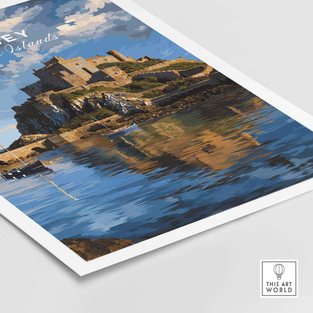 Jersey Gorey Castle Print | Channel Islands Travel Wall Decor showcasing the iconic castle reflecting in the water.