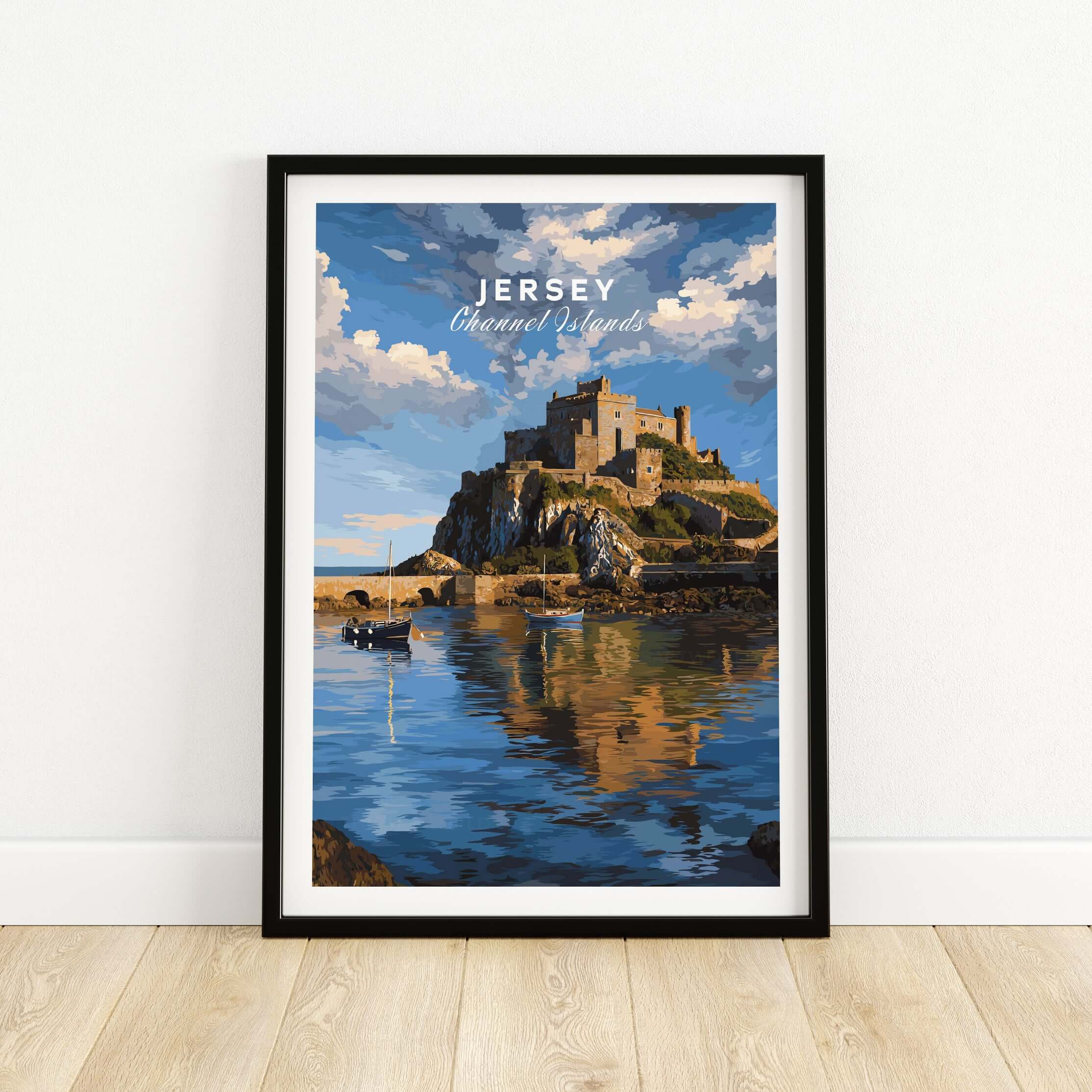 Jersey Gorey Castle Print | Channel Islands Travel Wall Decor showcasing the historic Gorey Castle against a scenic backdrop.