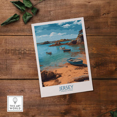 Jersey Island Print | Channel Islands Home Decor featuring scenic coastal landscape with boats and serene water.