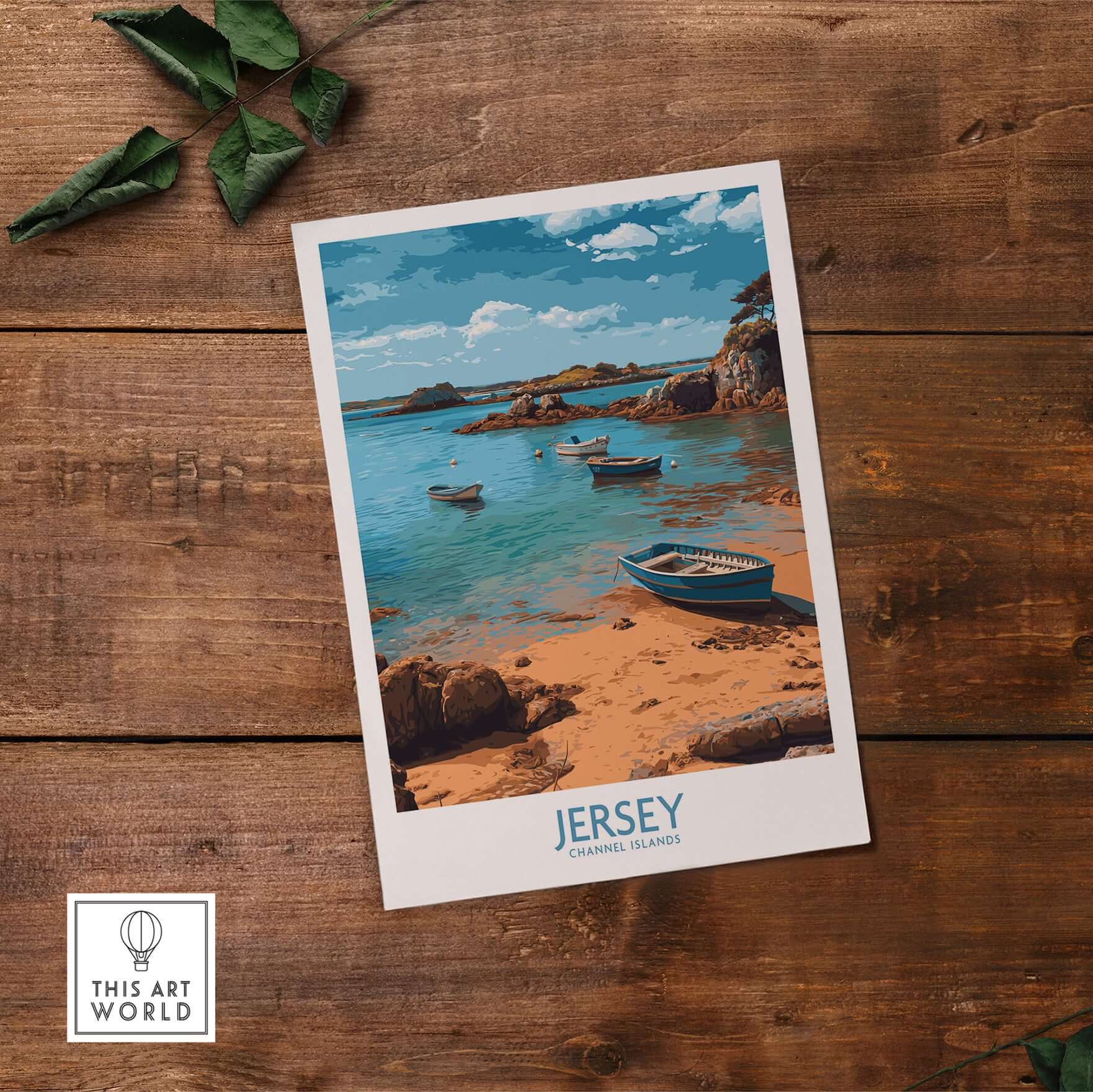 Jersey Island Print | Channel Islands Home Decor featuring scenic coastal landscape with boats and serene water.