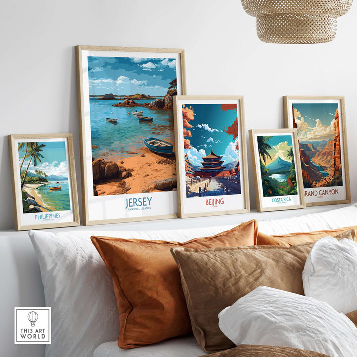 Jersey Island Print | Channel Islands Home Decor showcased among other travel art prints on a stylish sofa.