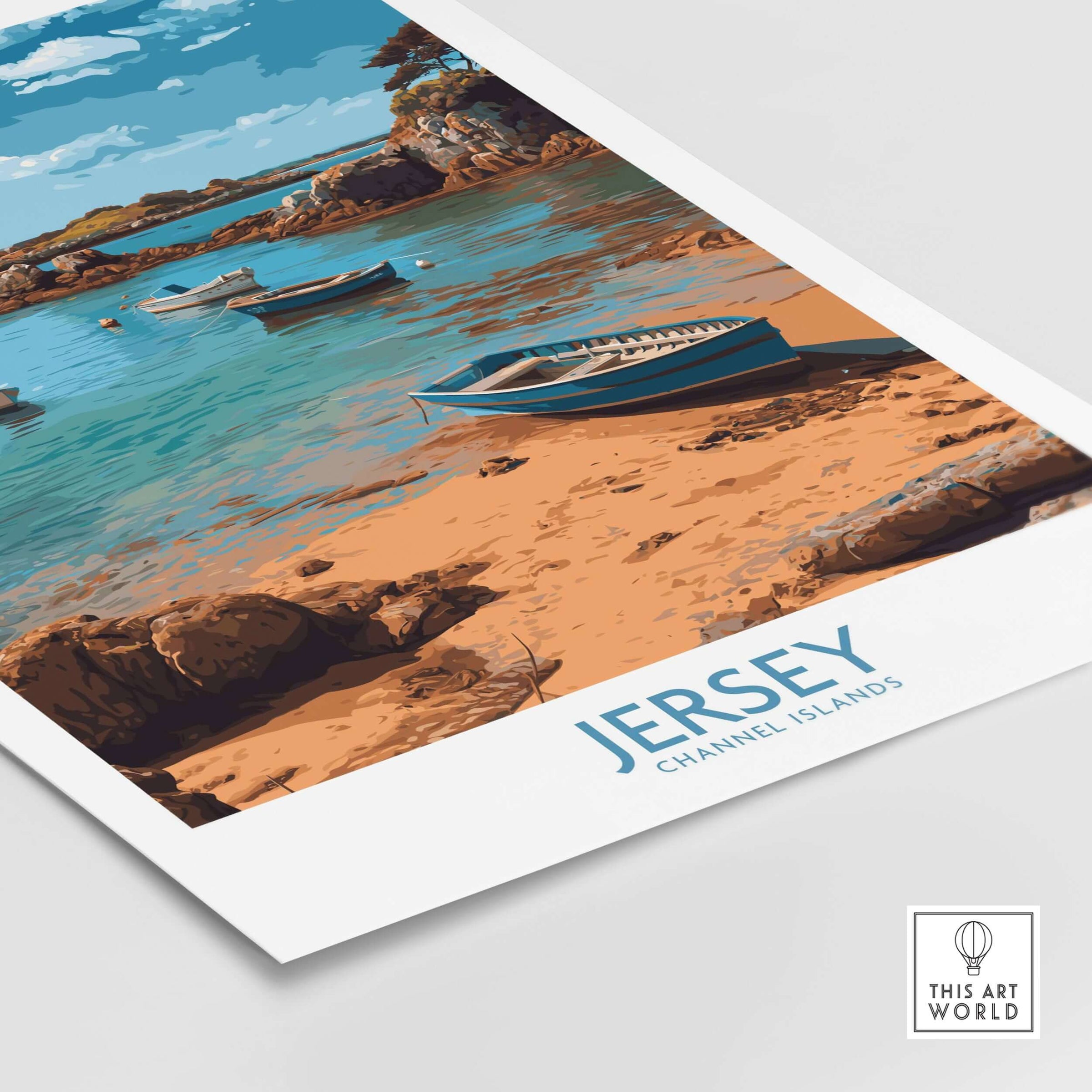 Jersey Island Print | Channel Islands Home Decor featuring a scenic beach landscape with boats.