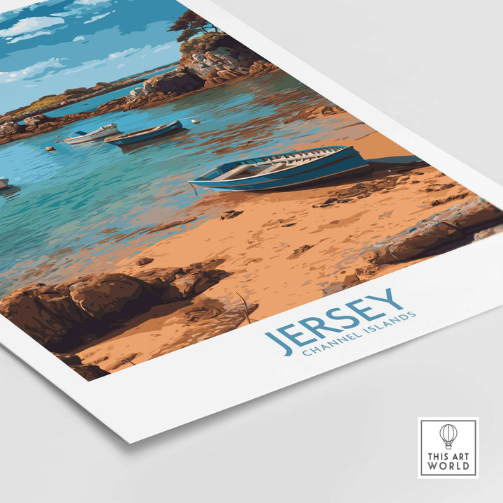 Jersey Island Print | Channel Islands Home Decor featuring serene coastal landscape and boats in picturesque harbor.
