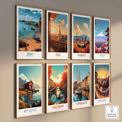 Jersey Island Print | Channel Islands Home Decor showcased among other scenic art prints on a stylish wall.