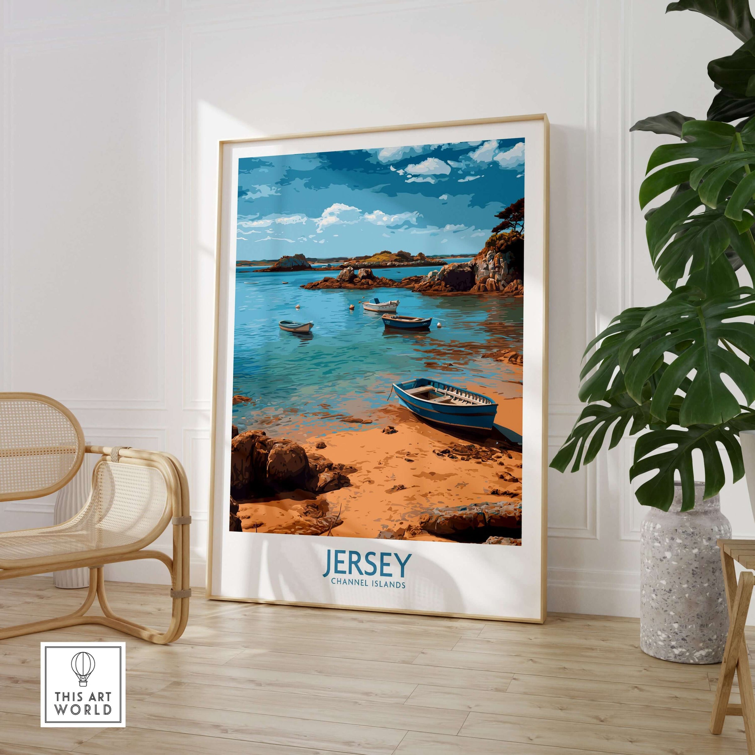 Jersey Island Print | Channel Islands Home Decor showcasing scenic boats and coastal beauty in an elegant setting.