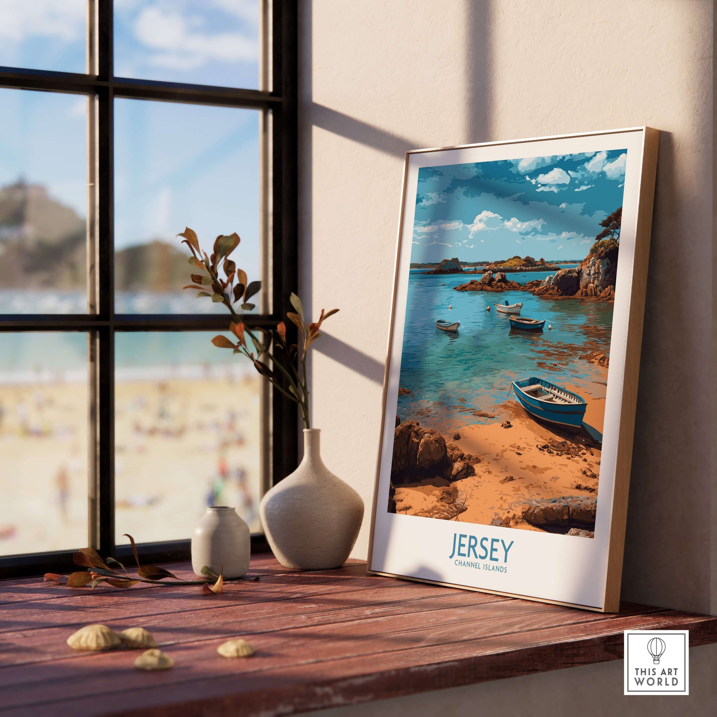 Jersey Island Print | Channel Islands Home Decor displayed in a sunlit room, emphasizing coastal beauty and tranquility.