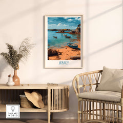 Jersey Island Print | Channel Islands Home Decor depicting boats and scenic landscape in Jersey Island.