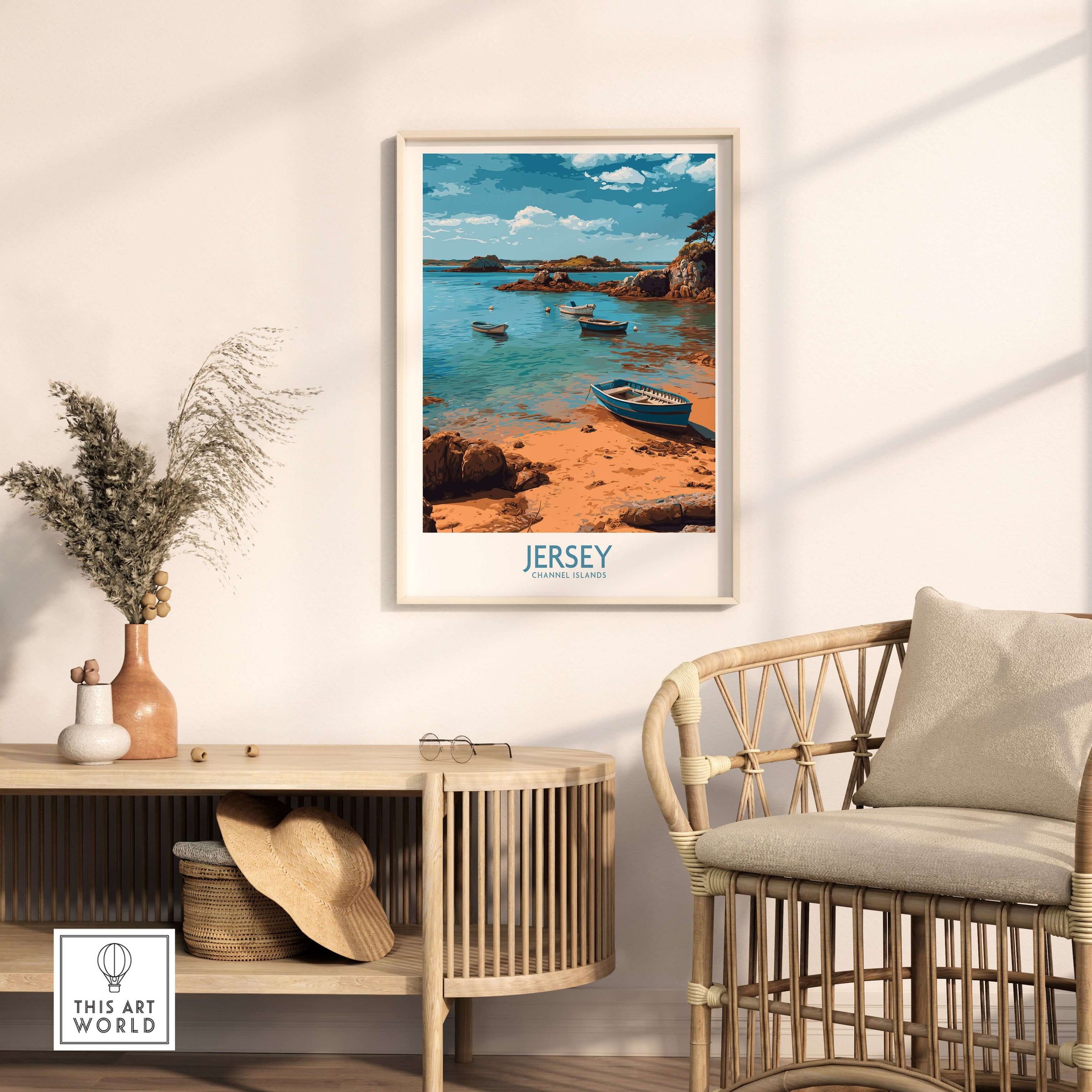 Jersey Island Print | Channel Islands Home Decor depicting boats and scenic landscape in Jersey Island.