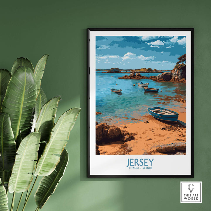 Jersey Island Print | Channel Islands Home Decor featuring a scenic coastal landscape with boats in tranquil water.