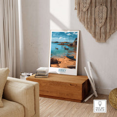 Jersey Island Print | Channel Islands Home Decor displayed in a modern living room with coastal decor.