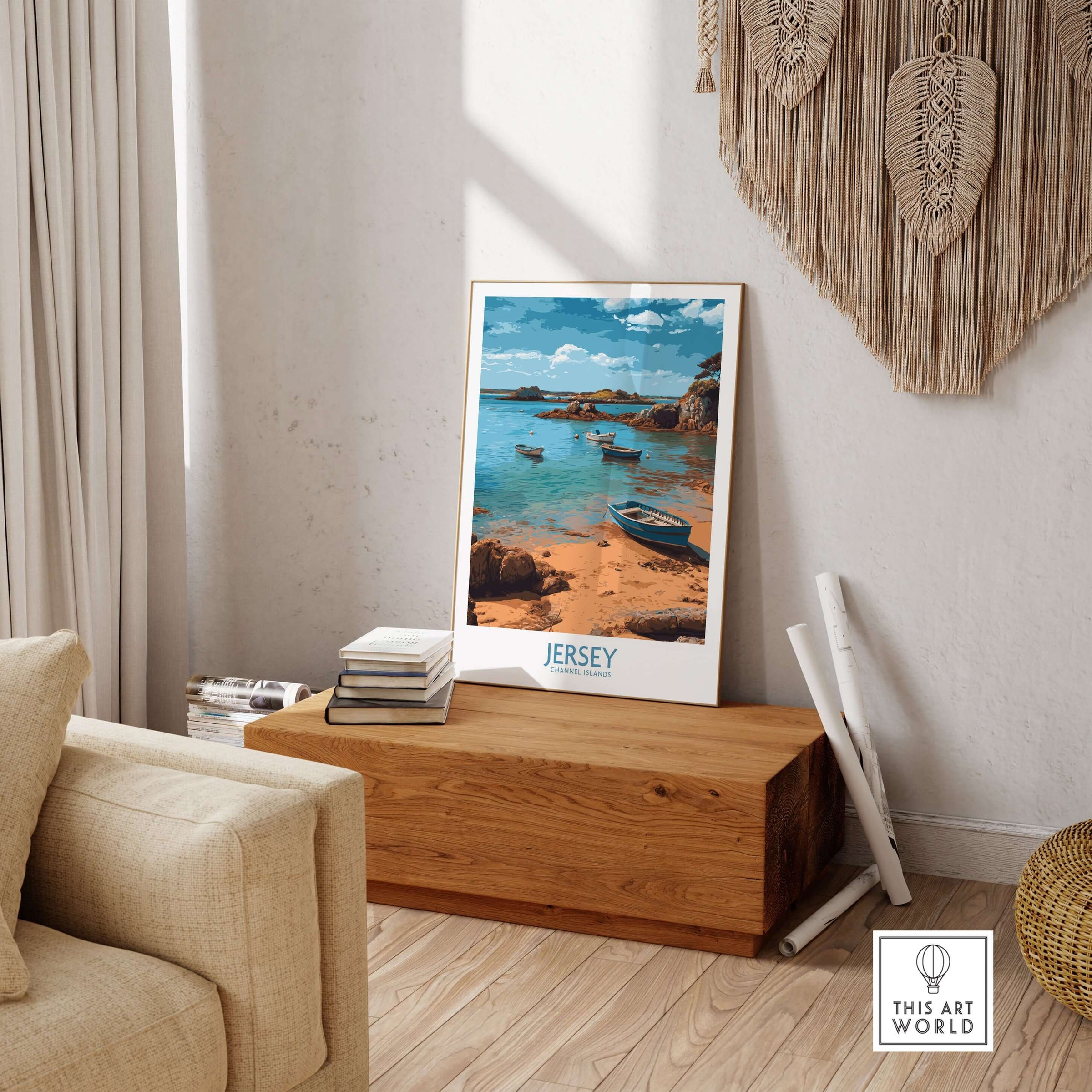 Jersey Island Print | Channel Islands Home Decor displayed in a modern living room with coastal decor.