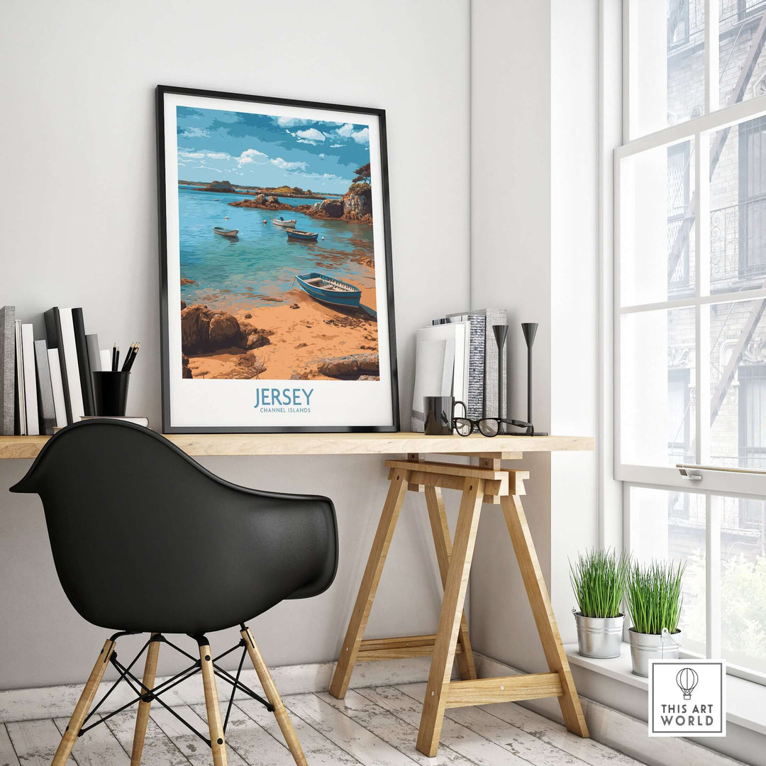 Jersey Island Print | Channel Islands Home Decor showcased in a modern workspace with coastal art style.