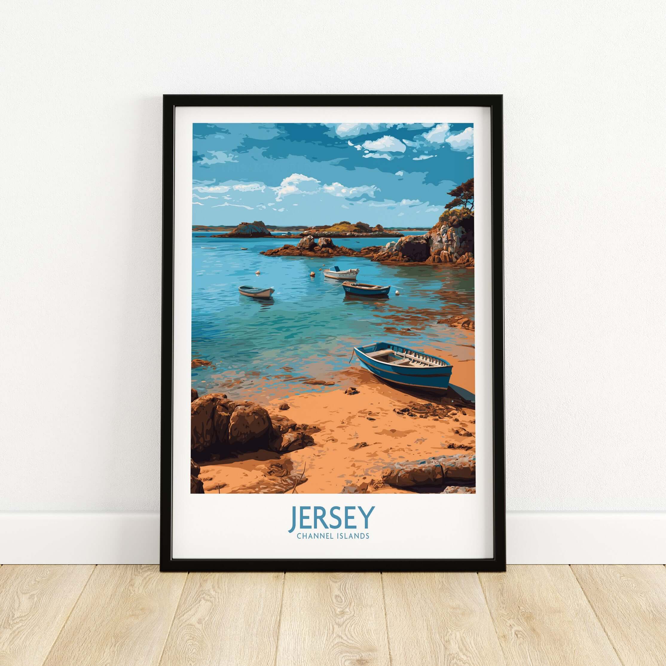 Jersey Island Print | Channel Islands Home Decor featuring a scenic coastal landscape with boats on a tranquil beach.