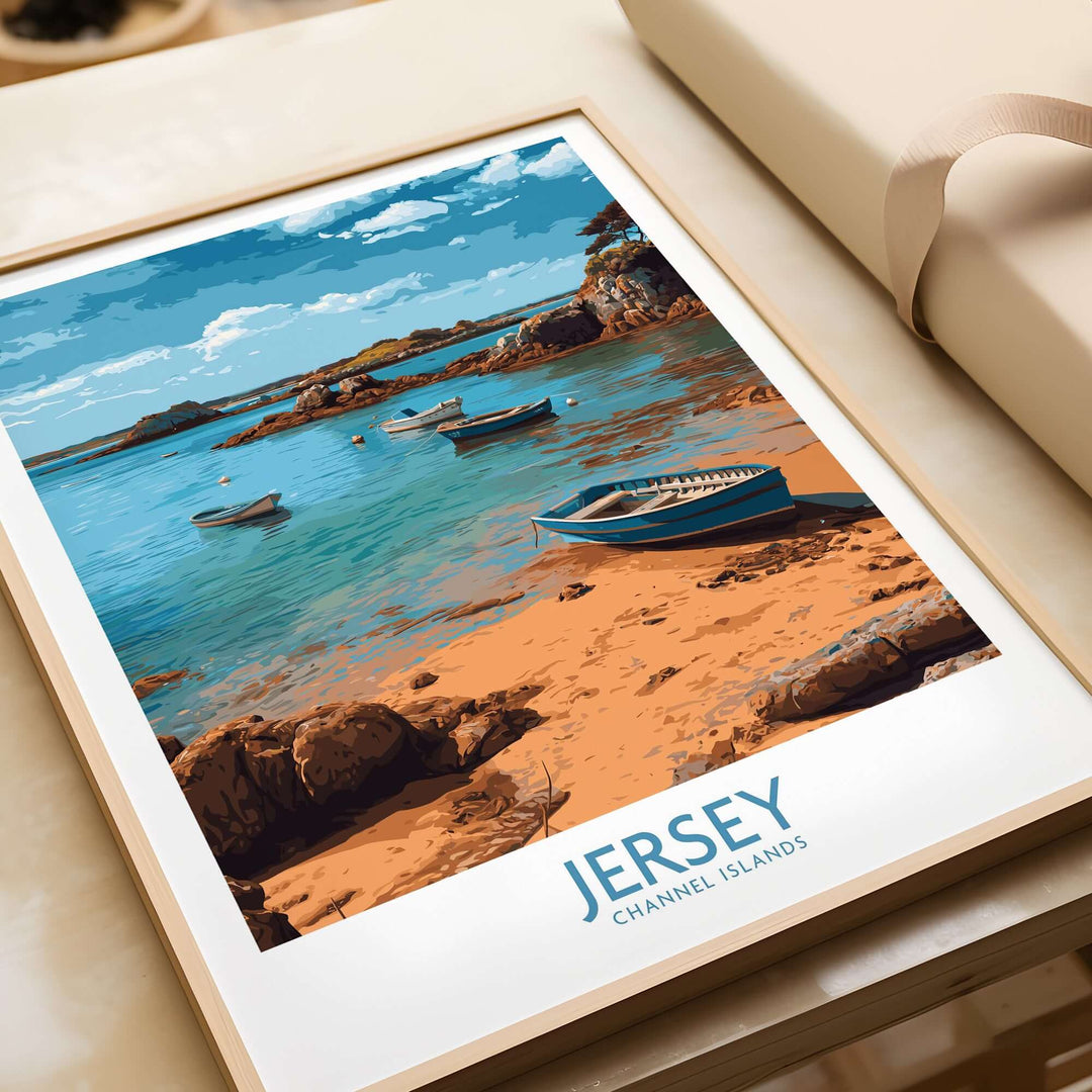 Jersey Island Print | Channel Islands Home Decor featuring scenic coastal landscape with boats on tranquil waters.