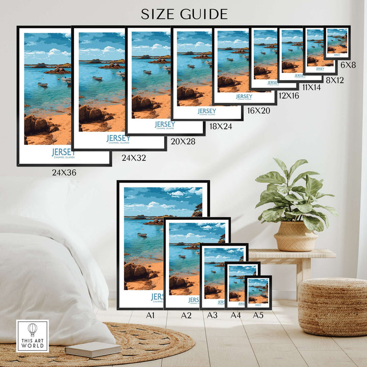 Size guide for Jersey Island Print | Channel Islands Home Decor showcasing various frame sizes and scenic coastal art.