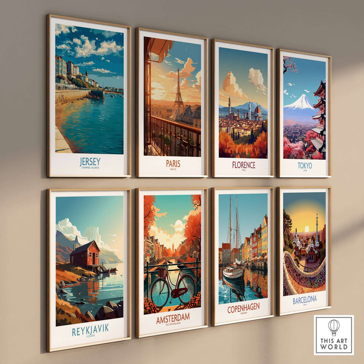 Jersey Channel Islands Harbour Promenade Art Print | St Helier Coastal Poster displayed with travel posters on a wall.