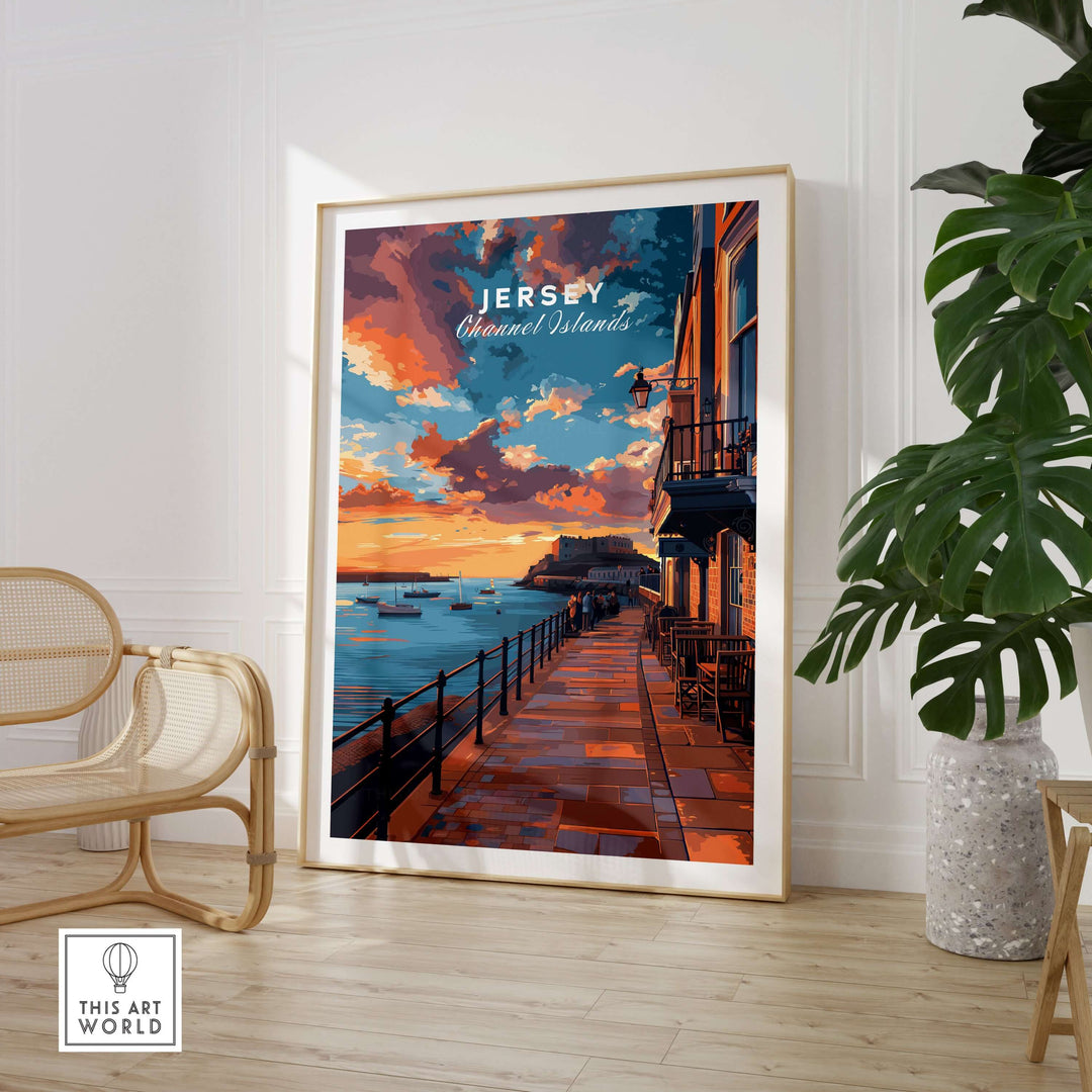 Jersey Poster - Elizabeth Castle Twilight Print displayed in a modern room with coastal decor and evening ambiance.