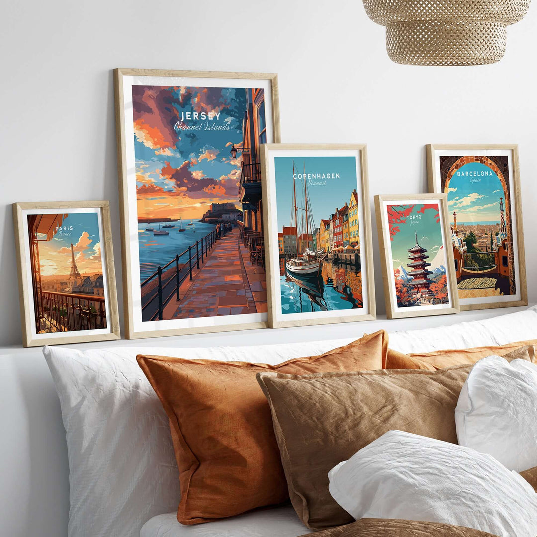 Jersey Poster - Elizabeth Castle Twilight Print displayed with other travel posters in a stylish living room setting.