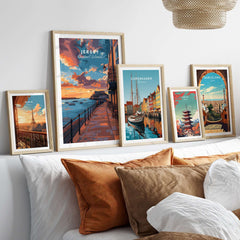 Jersey Poster - Elizabeth Castle Twilight Print displayed in frames on a stylish sofa, enhancing home decor with coastal beauty.