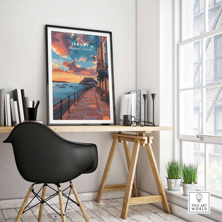 Jersey Poster - Elizabeth Castle Twilight Print displayed in a stylish room with modern decor and a view of the sea.