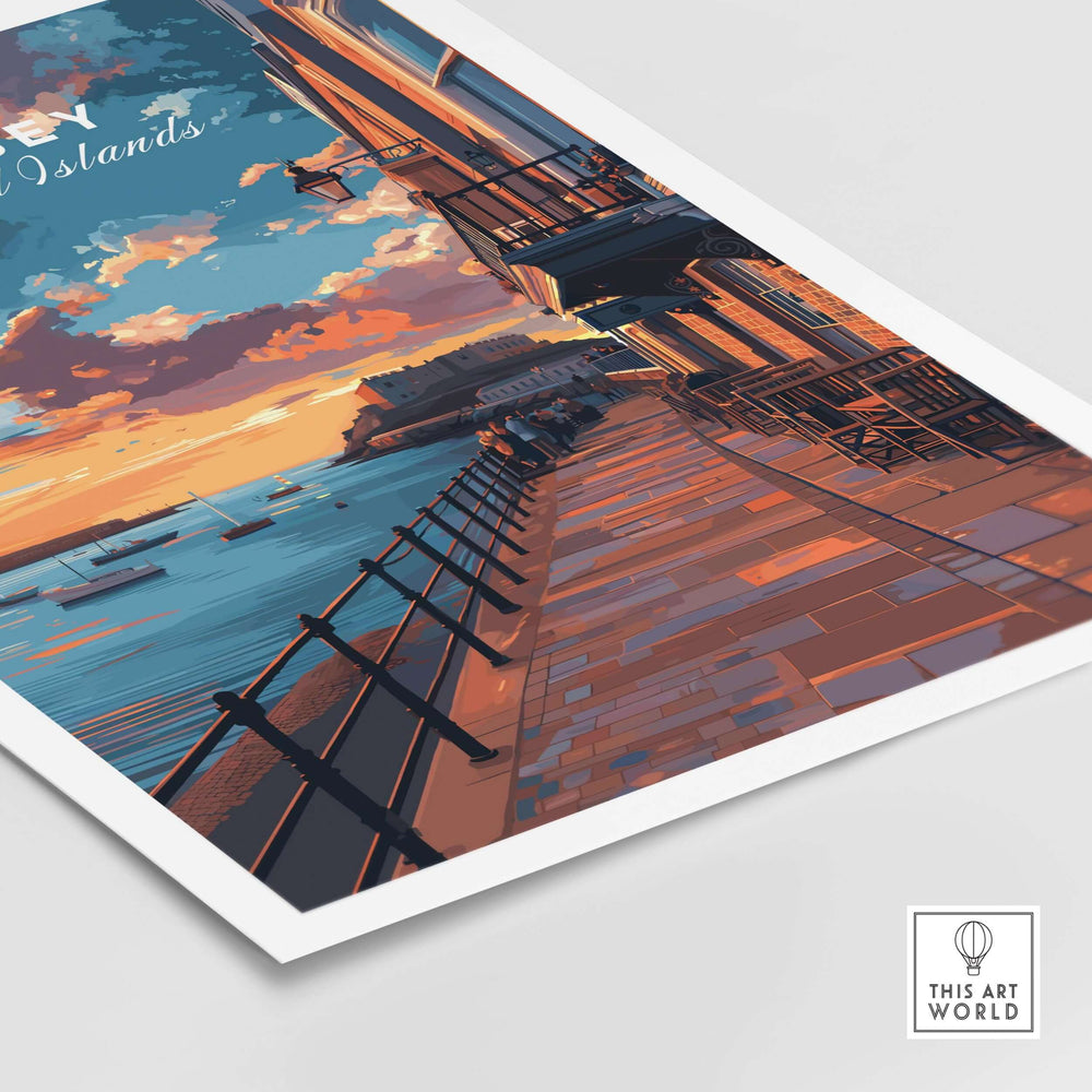 Jersey Poster - Elizabeth Castle Twilight Print featuring vibrant sunset over waterfront and docks.